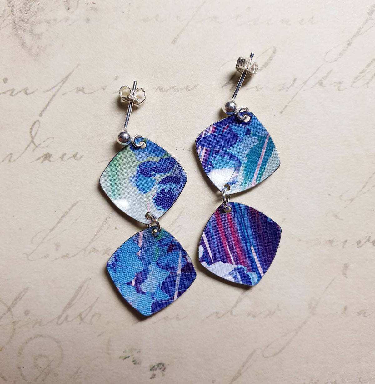 Upcycled Tin Blue Multi Double Drop Earrings: Sterling Silver Studs
