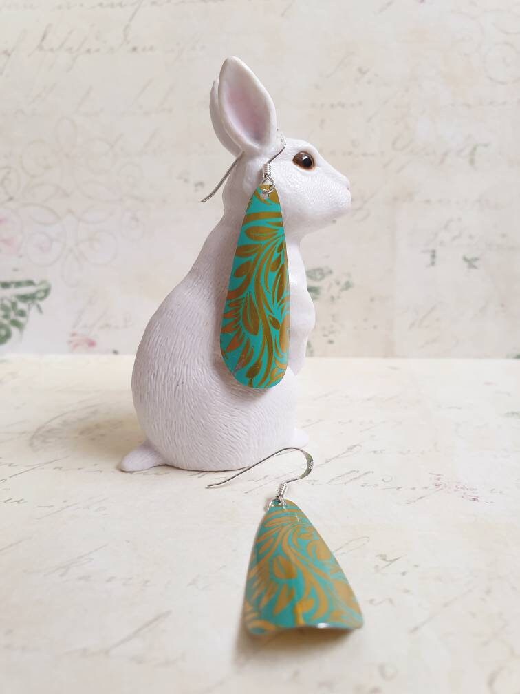 Turquoise Teardrop Tin Earrings: Sterling Silver Hooks