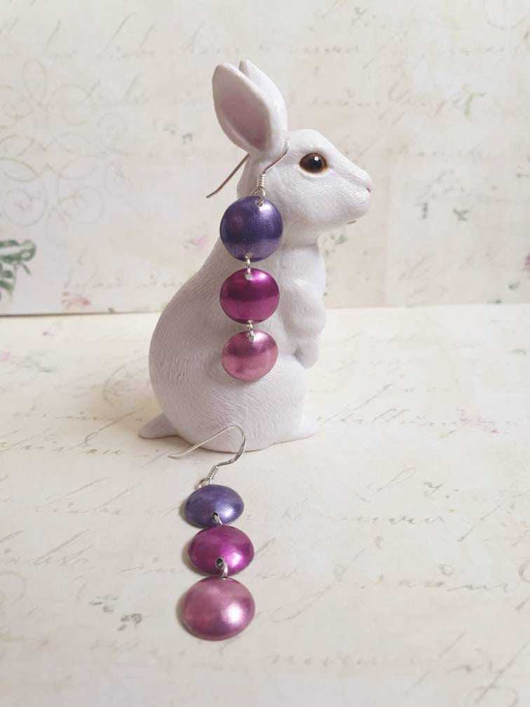 Recycled Tin Long Drop Earrings: Berry Shades, Sterling Silver Hooks