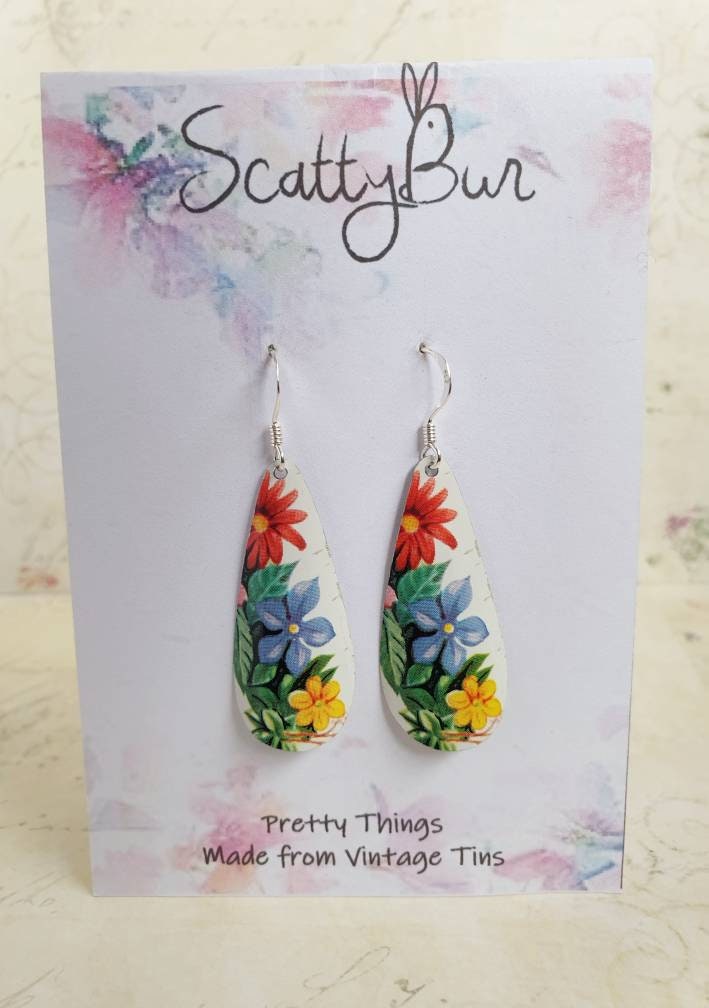 Recycled 1963 Vintage Floral Tin Teardrop Earrings: Sterling Silver
