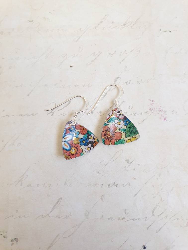 1970s Floral Tin Earrings: Upcycled Vintage Biscuit Tin, Sterling Silver Hooks