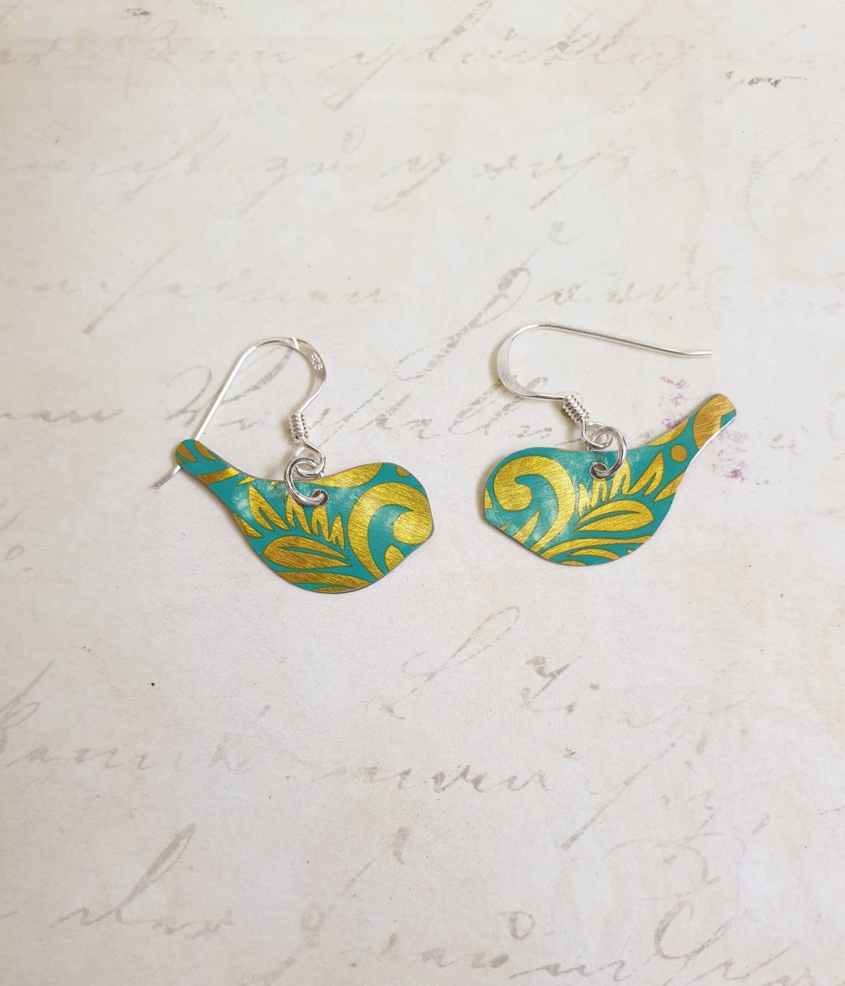 Turquoise Bird Earrings: Recycled Tin & Sterling Silver Hooks
