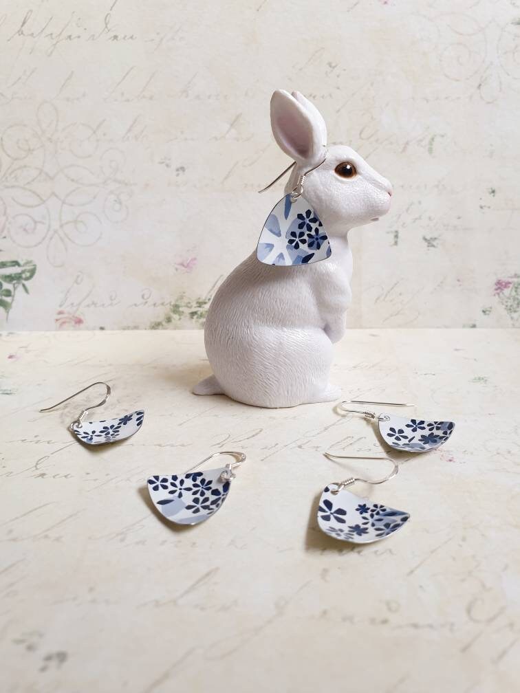 Ditsy Blue Floral Earrings (1pr): Upcycled Gift Tin, Sterling Silver Hooks