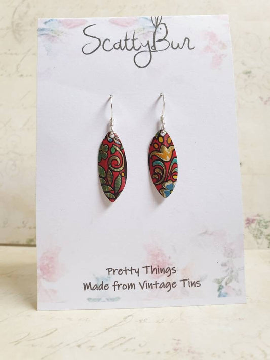 1950s Vintage Tin Earrings: Small Red Floral