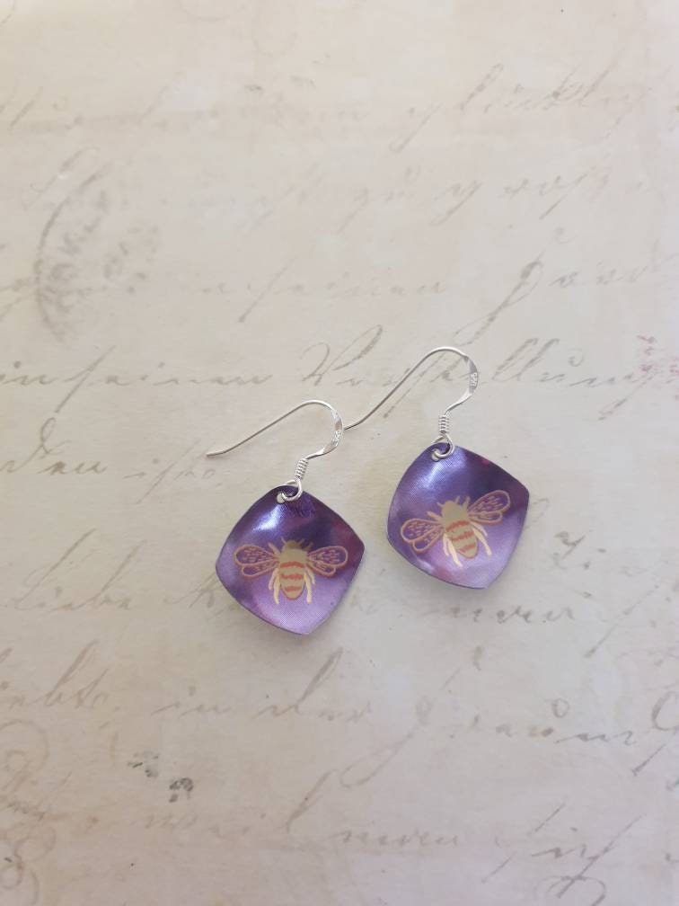 Recycled Tin Purple Bee Earrings: Sterling Silver Hooks, Nature Jewelry