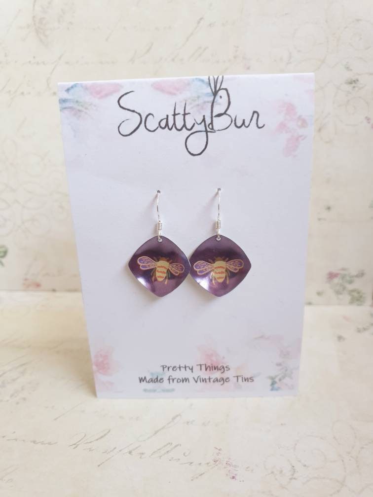 Recycled Tin Purple Bee Earrings: Sterling Silver Hooks, Nature Jewelry