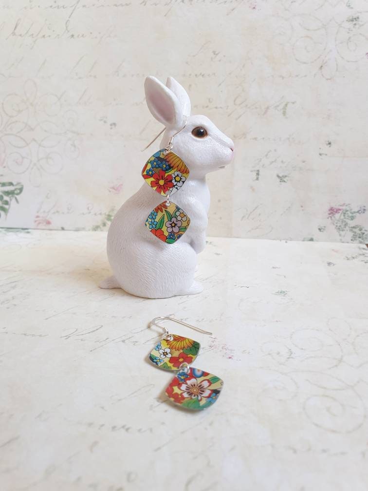 Colourful Floral 1970s Tin Earrings