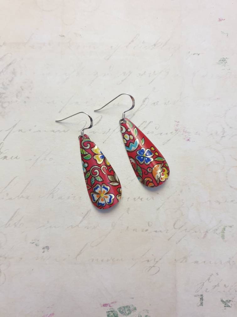 Vintage Red Tin Teardrop Earrings: Floral 1950s Sweetie Tin, Sterling Silver