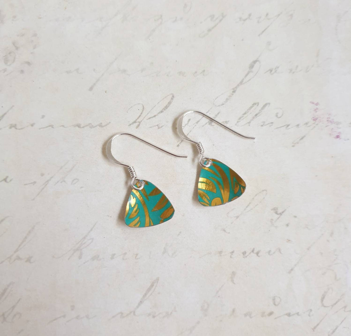 Recycled Tin Triangle Earrings: Turquoise & Gold Small Drop