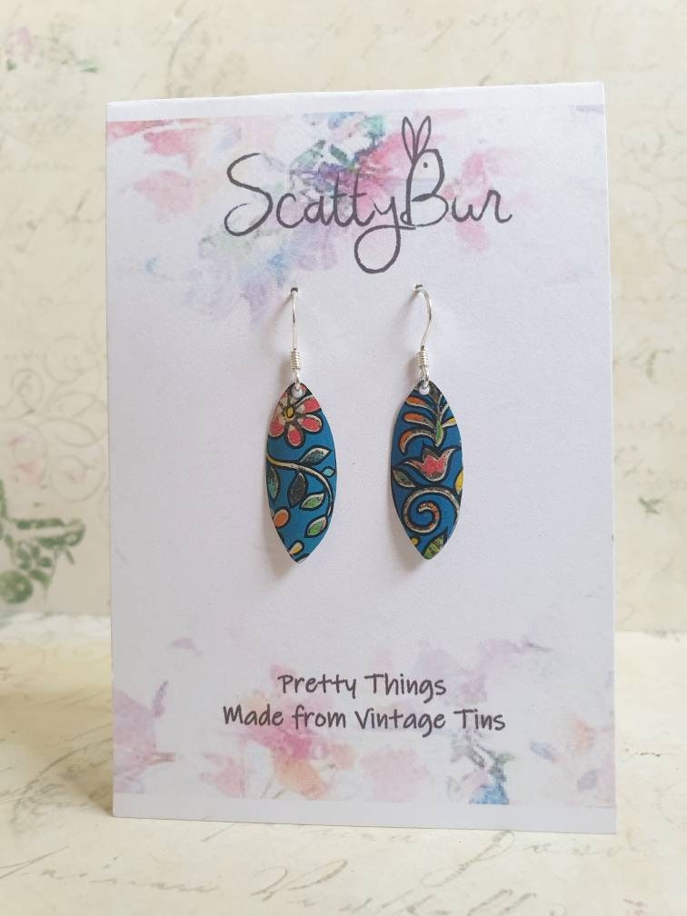 Blue Floral 1950s Vintage Tin Earrings