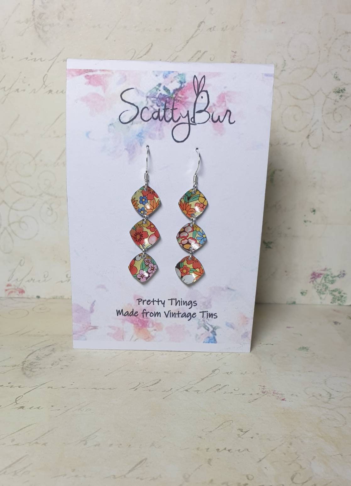 Recycled Tin Drop Earrings: 1970s Flower Power Boho Jewelry