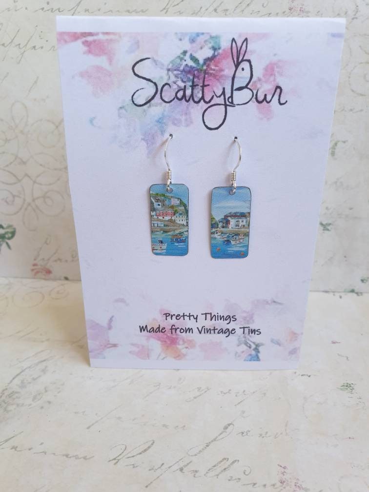 Mevagissey Harbour Earrings: Recycled Tin Cornish Scene, Sterling Silver