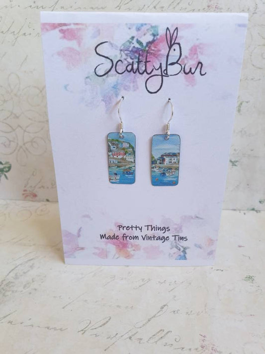 Mevagissey Harbour Earrings: Recycled Tin Cornish Scene, Sterling Silver