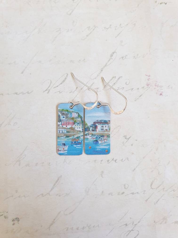 Mevagissey Harbour Earrings: Recycled Tin Cornish Scene, Sterling Silver