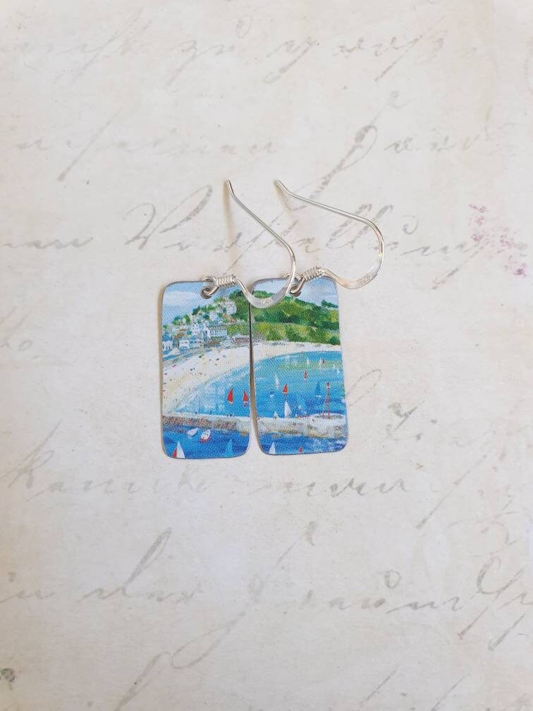 Recycled Tin Earrings: Looe Beach Cornish Coastal Scene, Sterling Silver