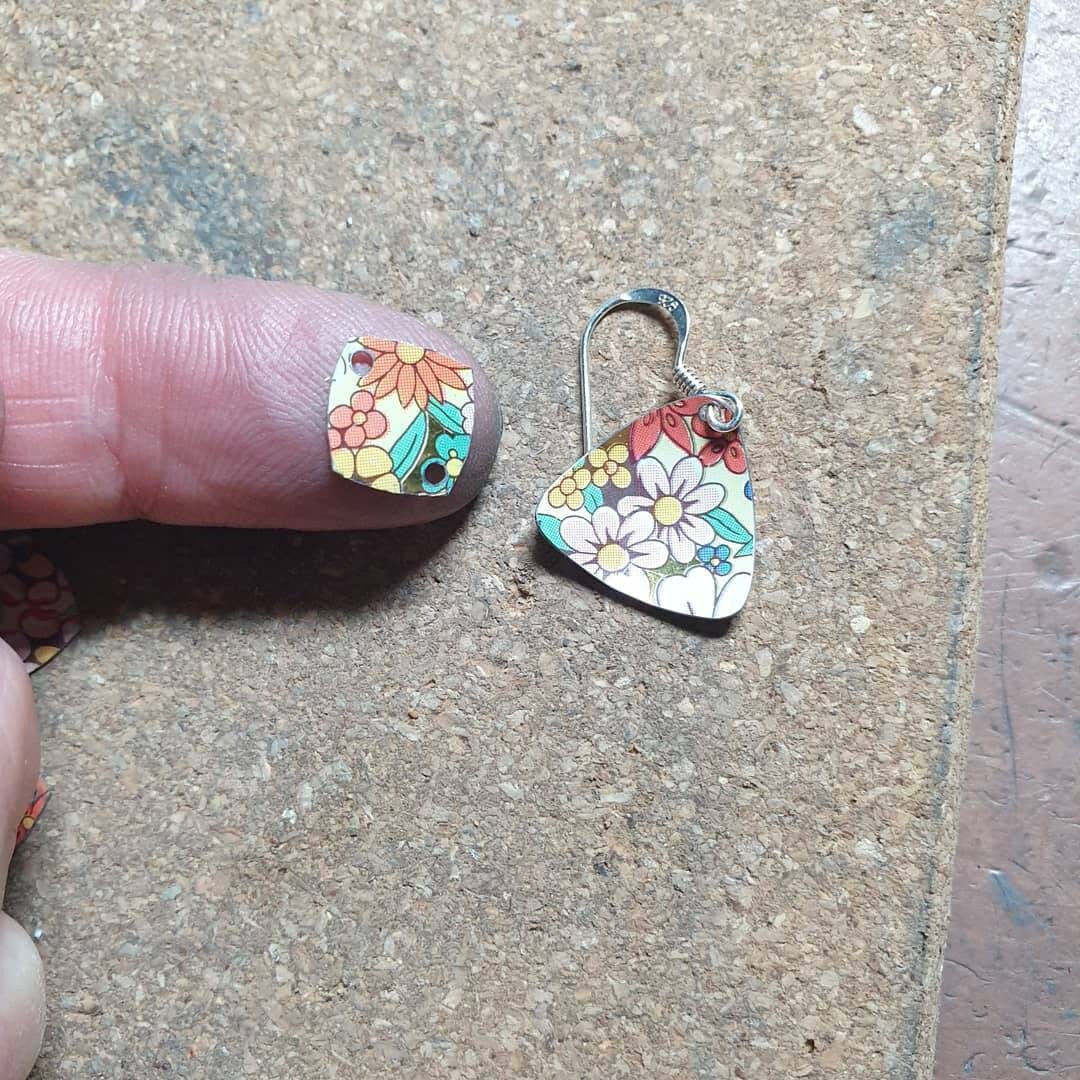 Recycled Tin Drop Earrings: 1970s Flower Power Boho Jewelry