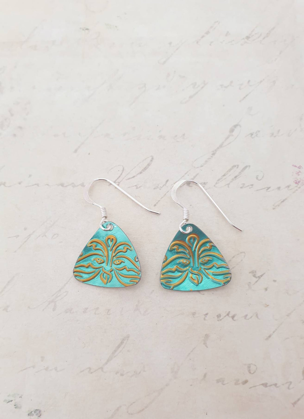 Turquoise & Gold Earrings: Upcycled Tea Tin, Sterling Silver Hooks