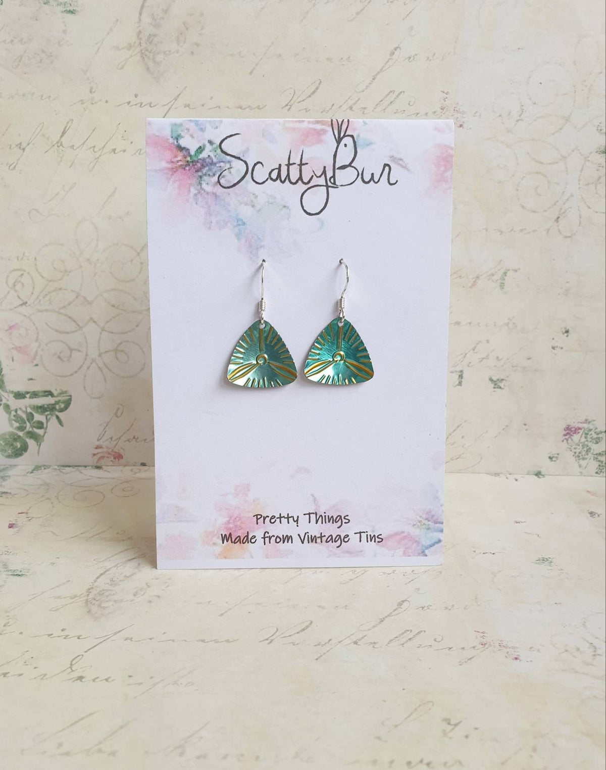 Upcycled Turquoise Tin Earrings: Teatime Clock, Sterling Silver Earwires