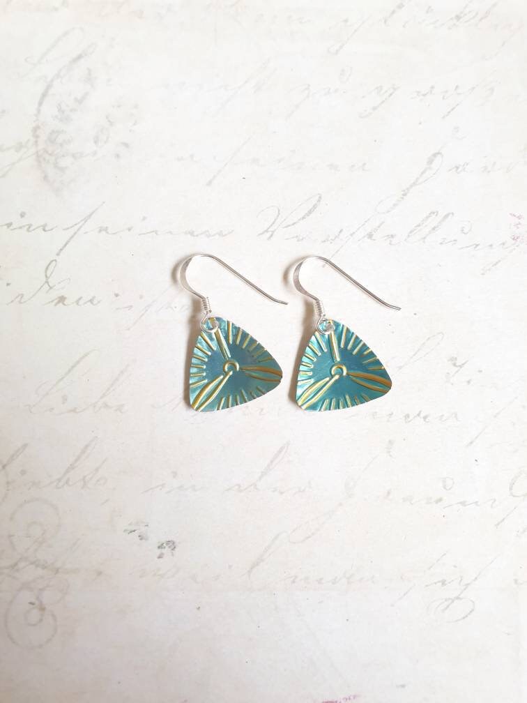 Upcycled Turquoise Tin Earrings: Teatime Clock, Sterling Silver Earwires