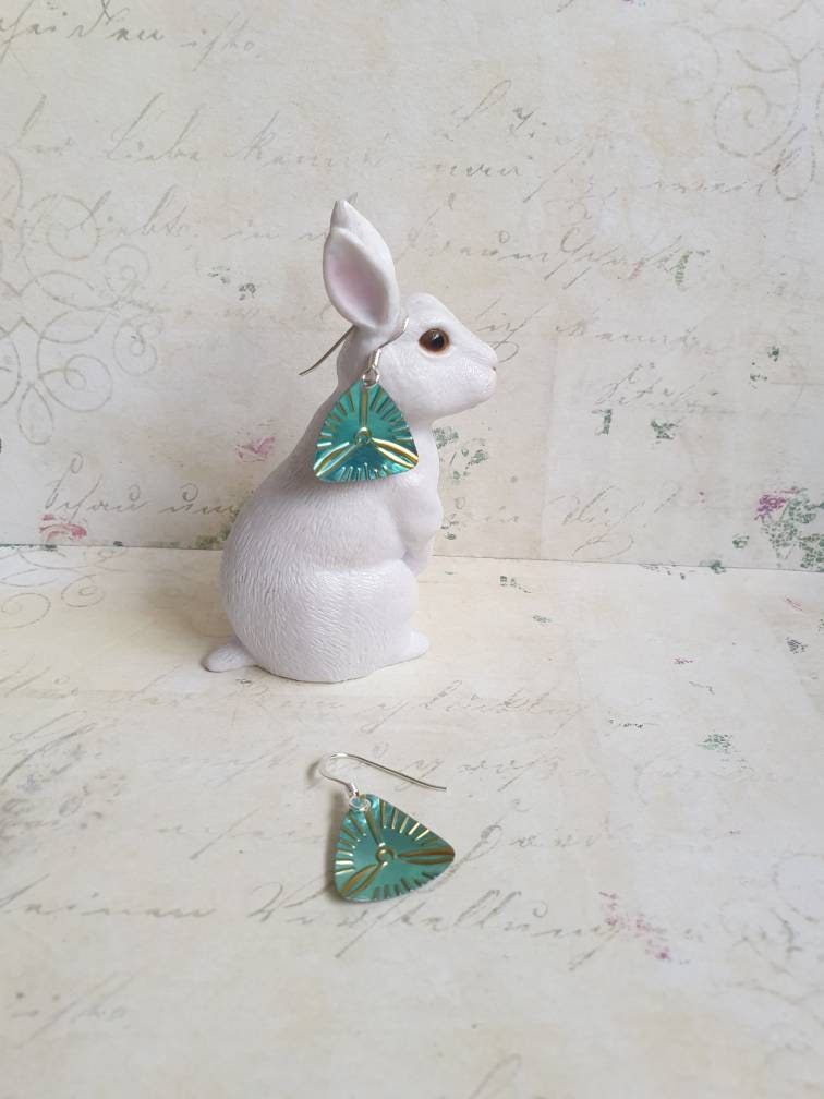 Upcycled Turquoise Tin Earrings: Teatime Clock, Sterling Silver Earwires