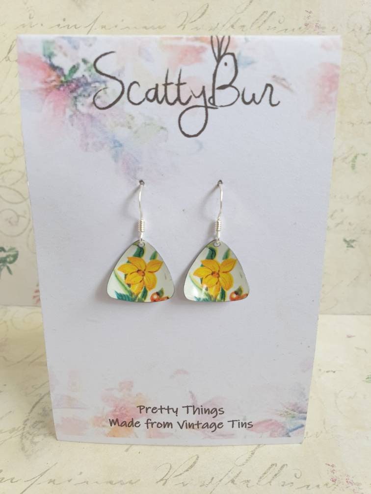 Recycled 1960s Tin Triangle Earrings: Yellow Floral Sterling Silver Earwires