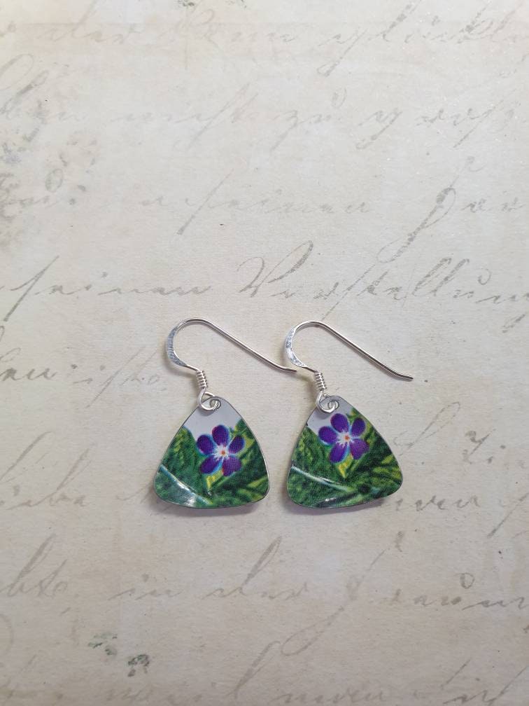 Vintage Violet Earrings: 1960s Tin Flower on Sterling Silver