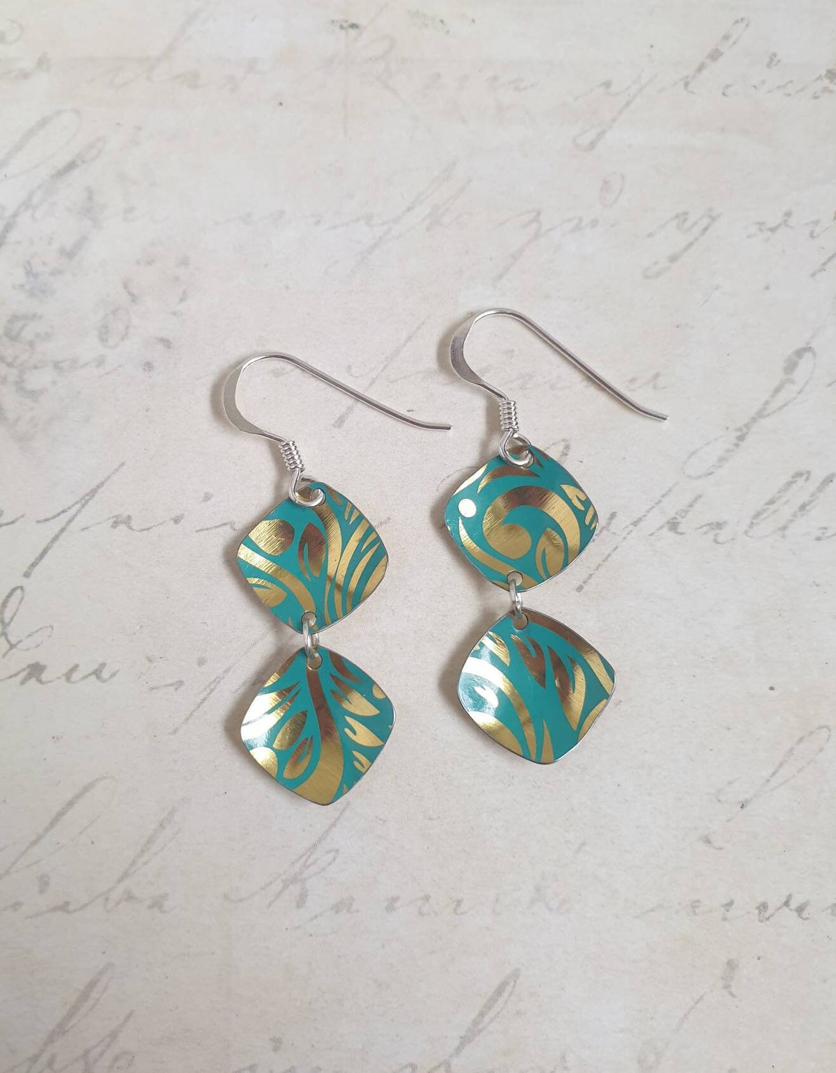 Turquoise Double-Drop Earrings: Recycled Tin & Sterling Silver