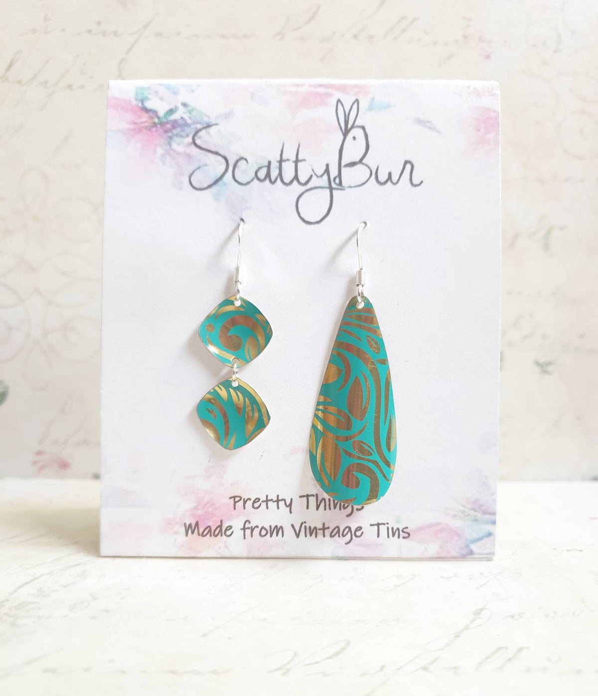 Turquoise Double-Drop Earrings: Recycled Tin & Sterling Silver