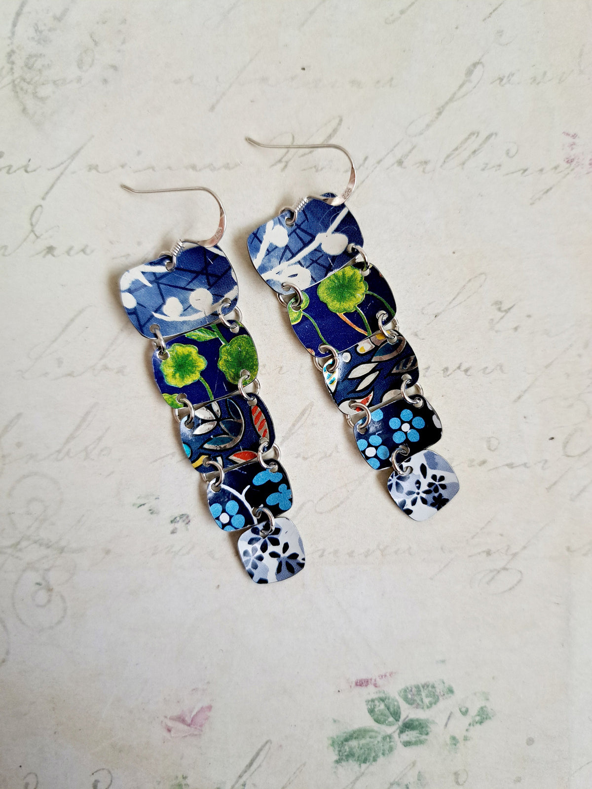 Recycled Tin Dangle Earrings: Blue Multi-Color, Hand-Cut