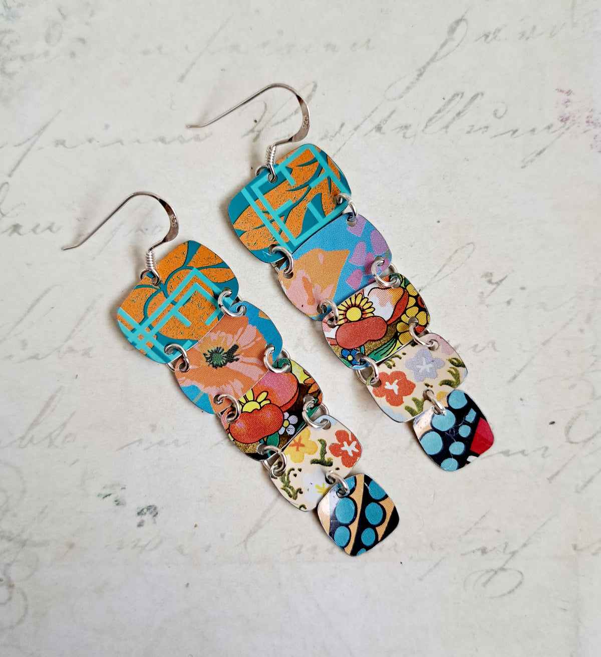 Recycled Tin Dangle Earrings: Multi-Color Long Graduated Design