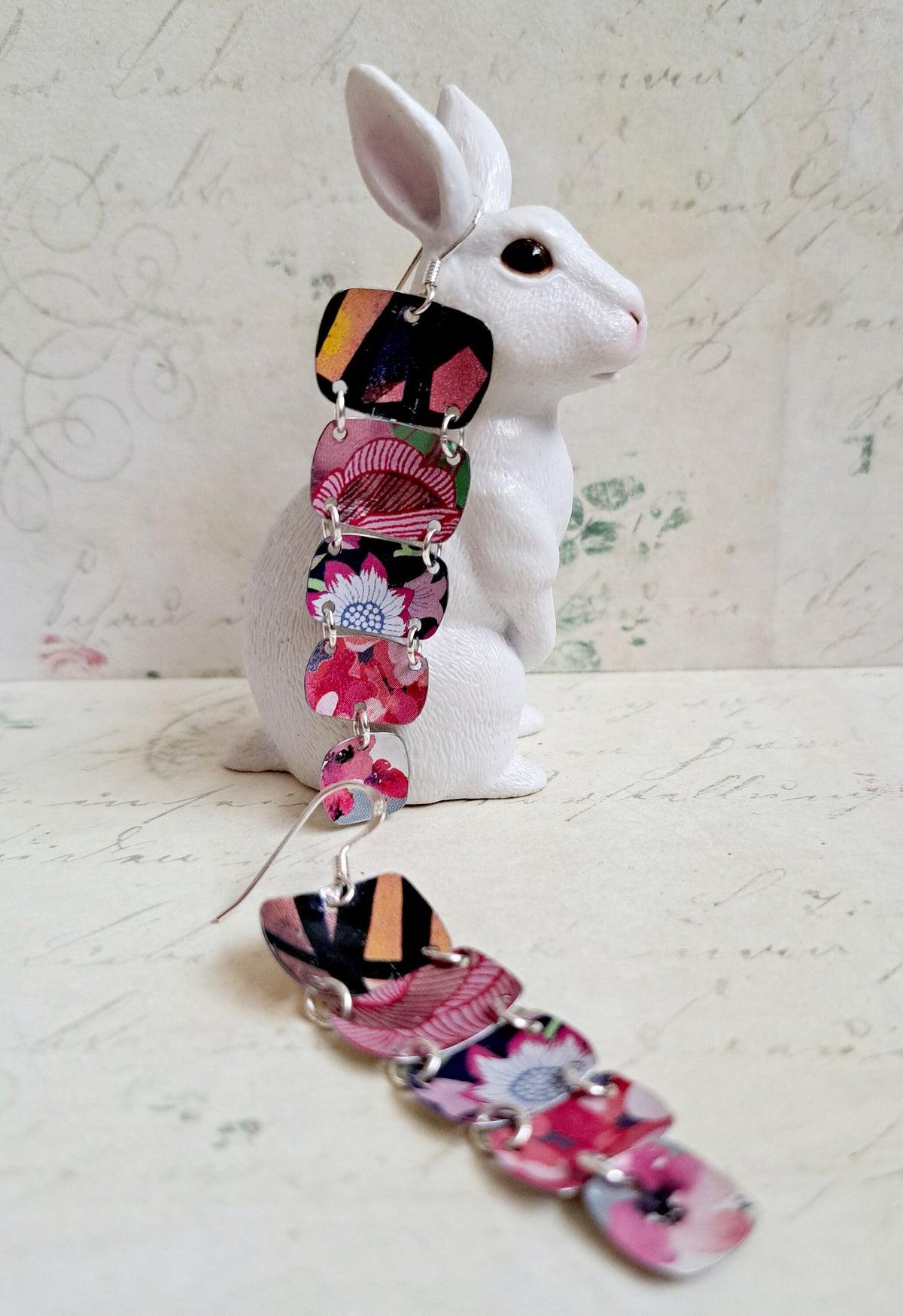 Recycled Tin Dangle Earrings: Pink Multi-Color, Long Graduated Design
