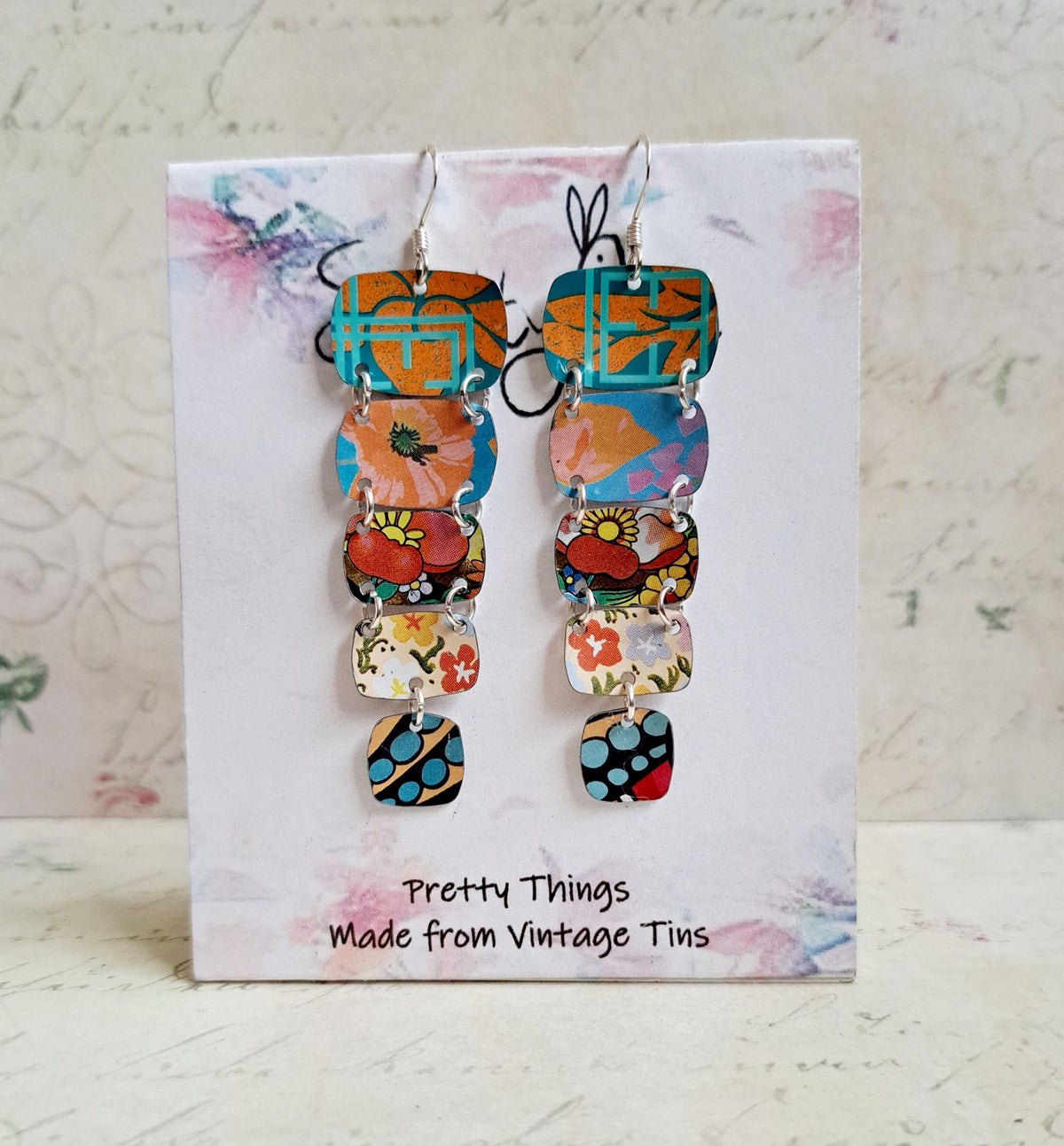 Recycled Tin Dangle Earrings: Multi-Color Long Graduated Design