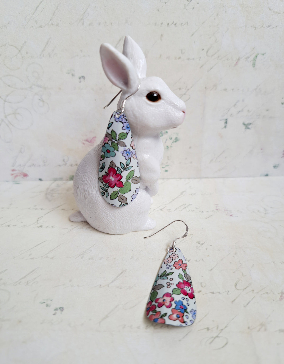 Upcycled Tin Dangle Earrings: Pastel Floral Teardrop, Sterling Silver Hooks
