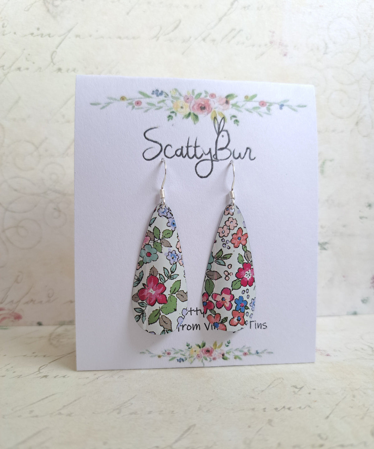 Upcycled Tin Dangle Earrings: Pastel Floral Teardrop, Sterling Silver Hooks