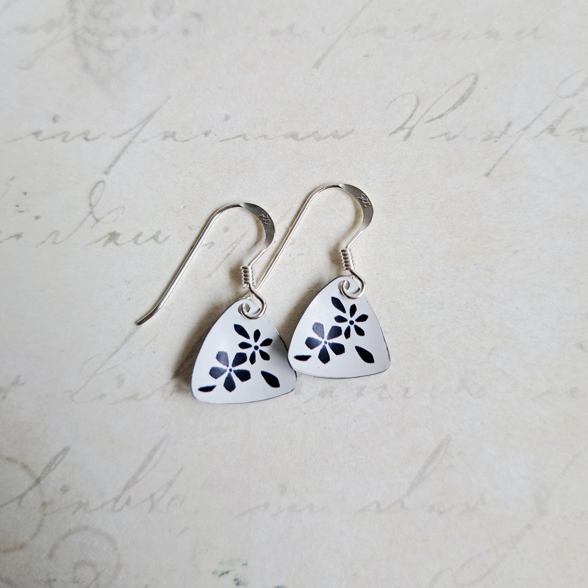 Recycled Tin Earrings: Tiny Blue & White Floral Design