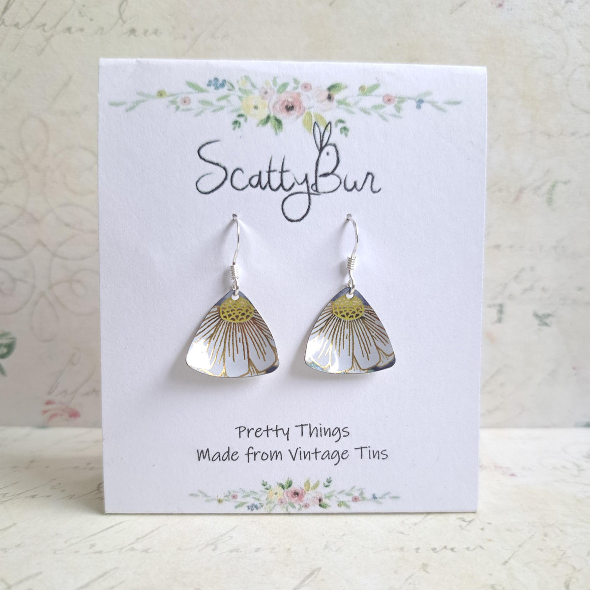 Chamomile Flower Earrings: Recycled Tin, Sterling Silver Hooks