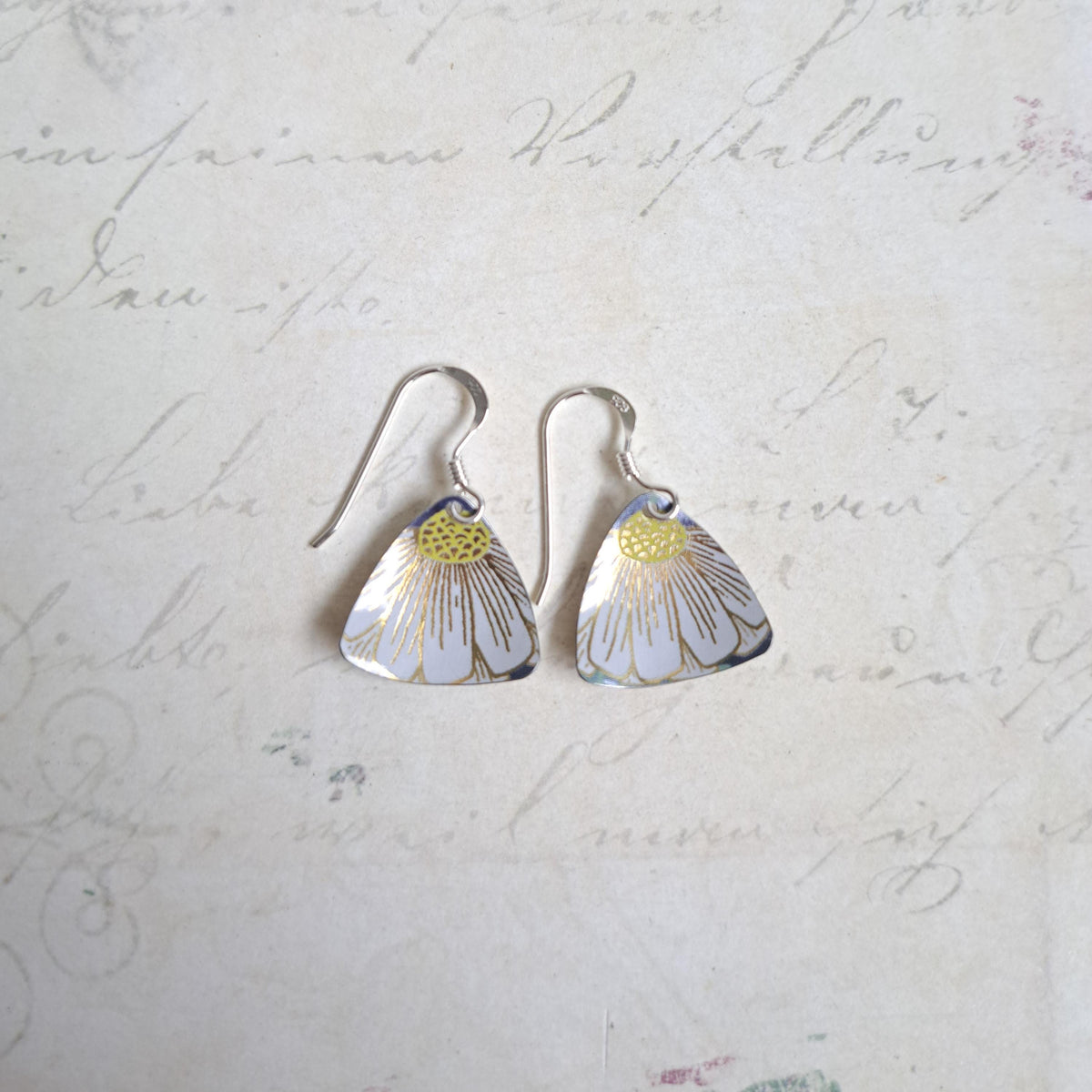 Chamomile Flower Earrings: Recycled Tin, Sterling Silver Hooks
