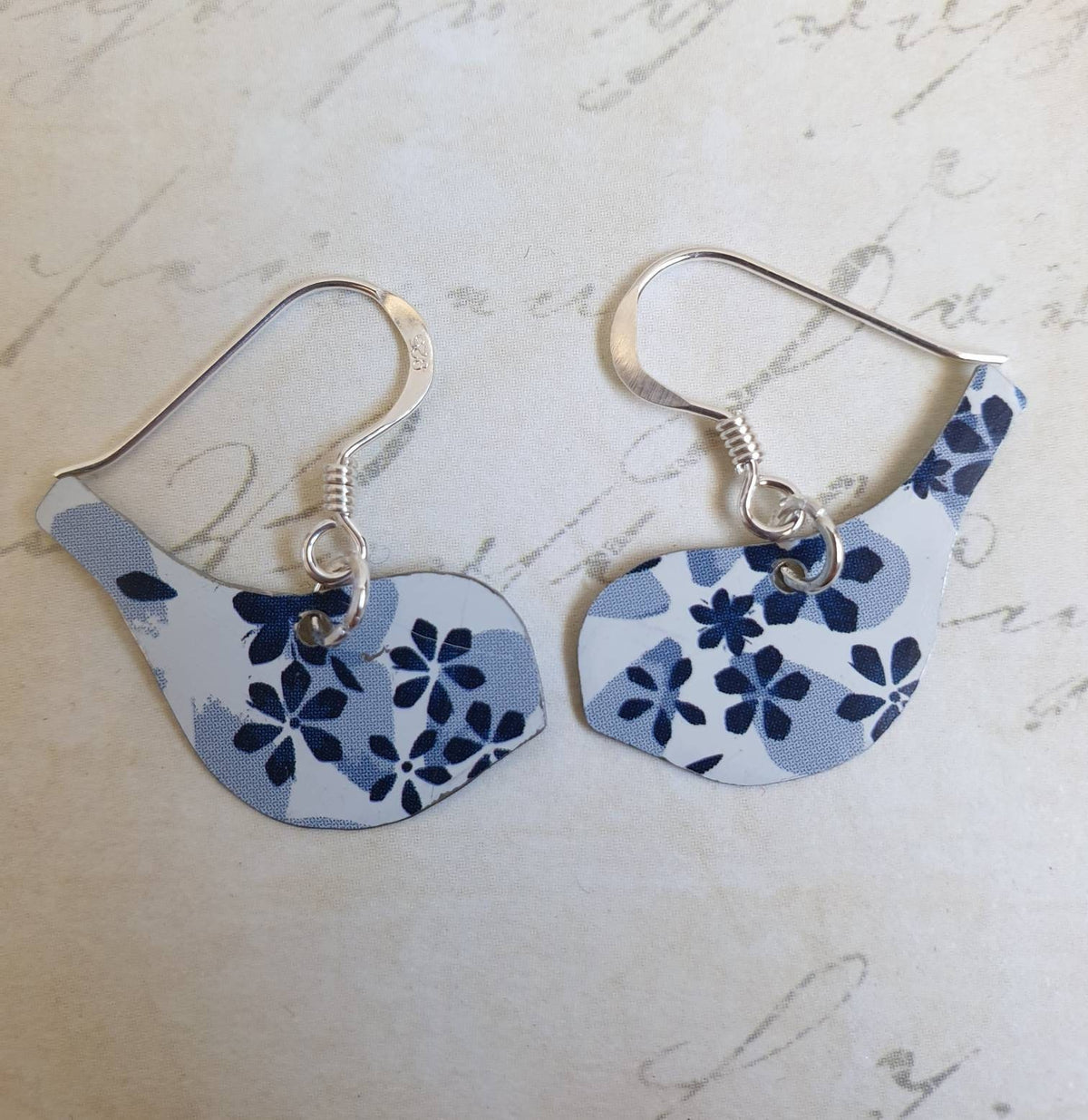 Upcycled Blue Floral Tin Bird Earrings: Sterling Silver Hooks