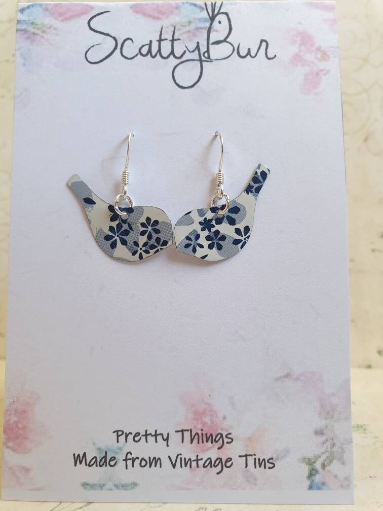 Upcycled Blue Floral Tin Bird Earrings: Sterling Silver Hooks