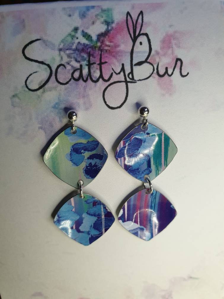 Upcycled Tin Blue Multi Double Drop Earrings: Sterling Silver Studs