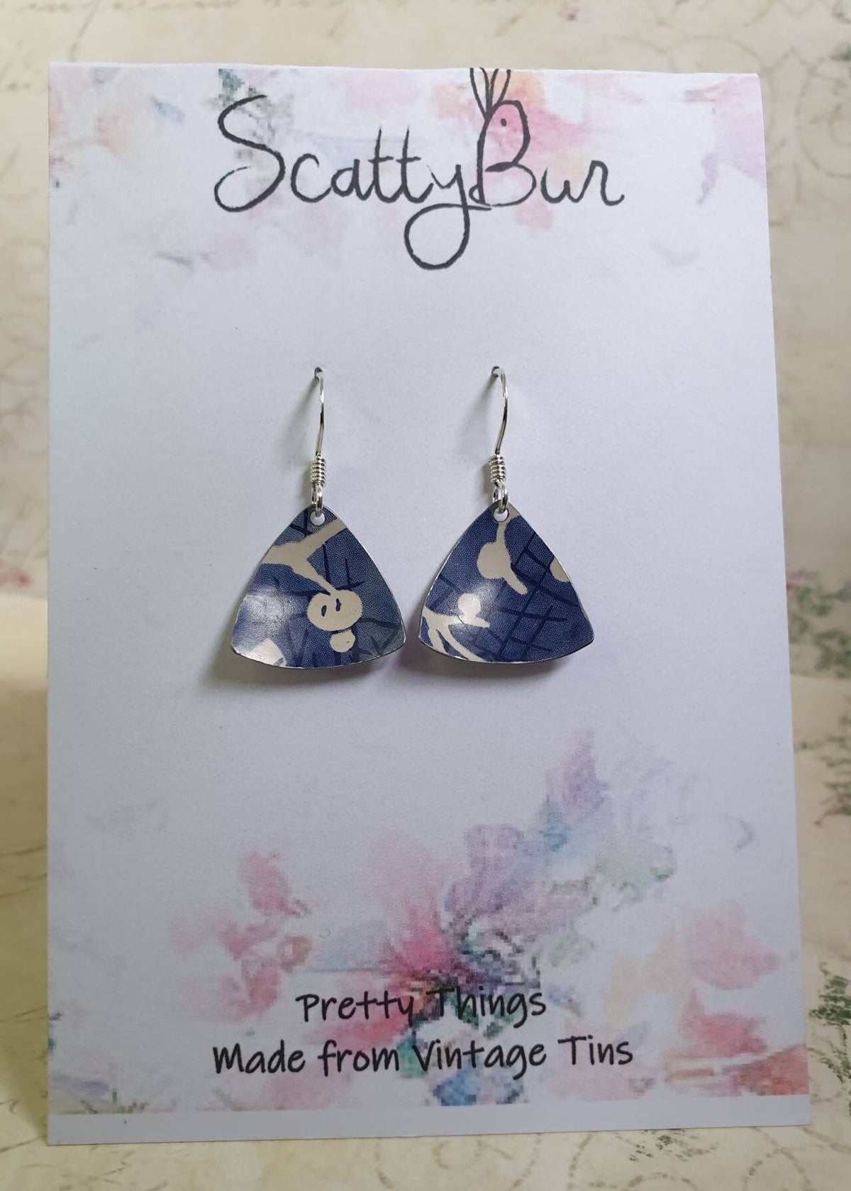 Blue Cherry Blossom Tin Earrings: Sterling Silver Hooks