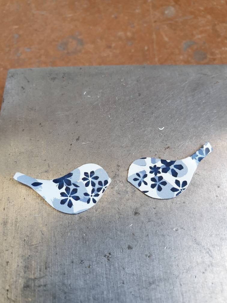 Upcycled Blue Floral Tin Bird Earrings: Sterling Silver Hooks
