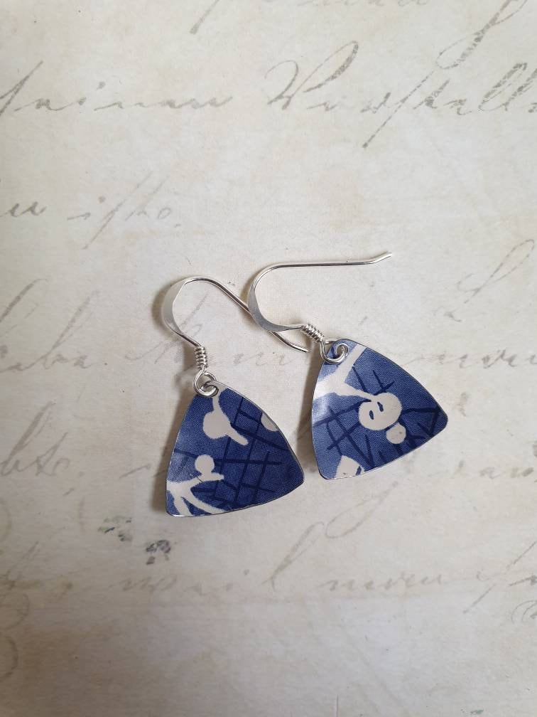 Blue Cherry Blossom Tin Earrings: Sterling Silver Hooks