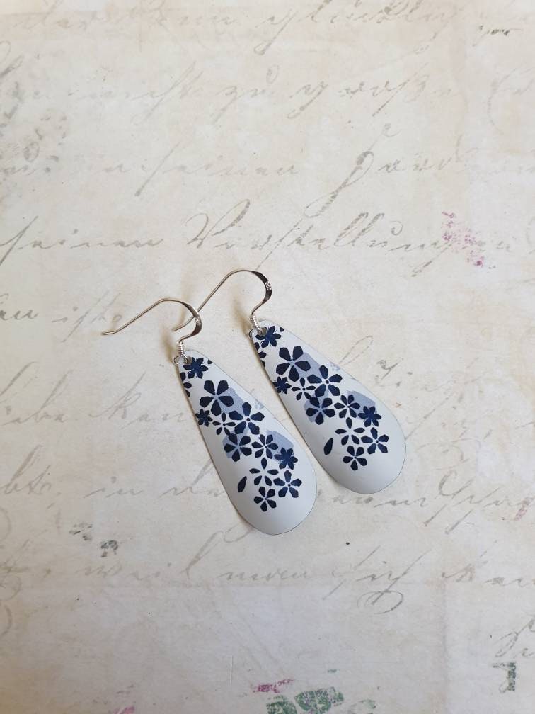 Upcycled Tin Blue Floral Teardrop Earrings: Sterling Silver Hooks