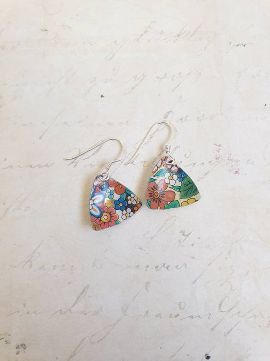 1970s Floral Tin Earrings: Upcycled Vintage Biscuit Tin, Sterling Silver Hooks