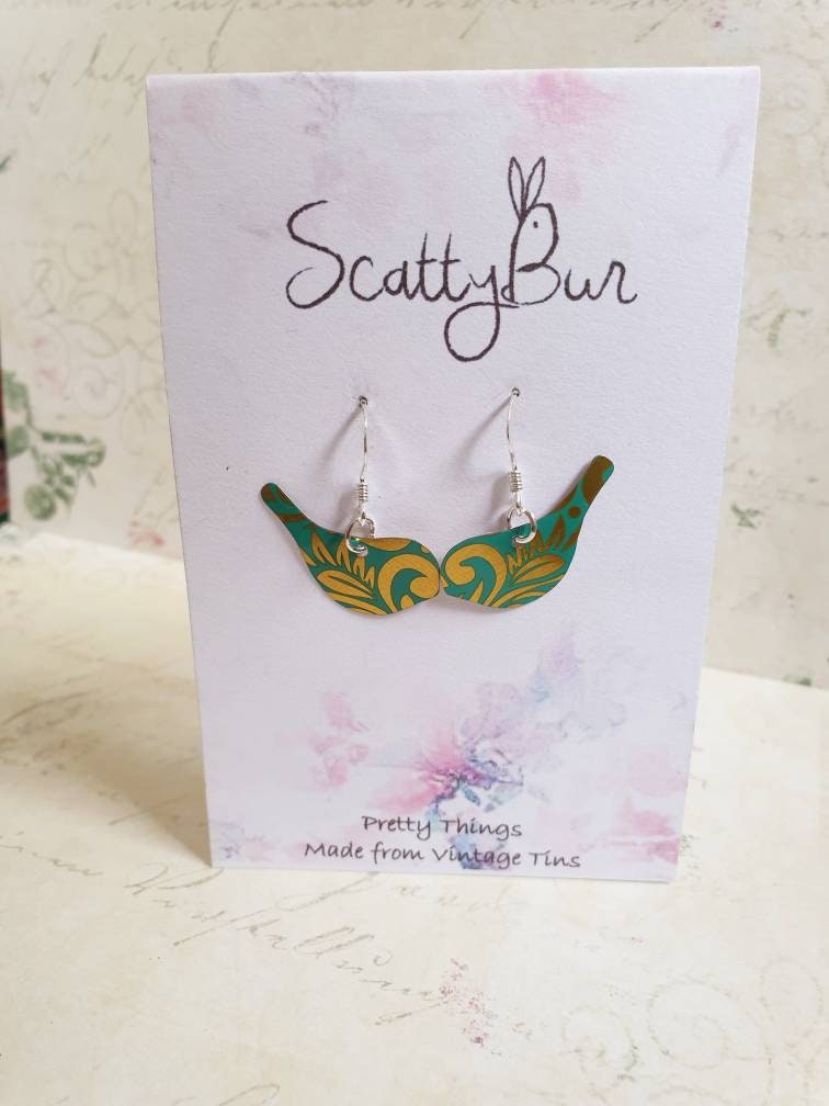 Turquoise Bird Earrings: Recycled Tin & Sterling Silver Hooks