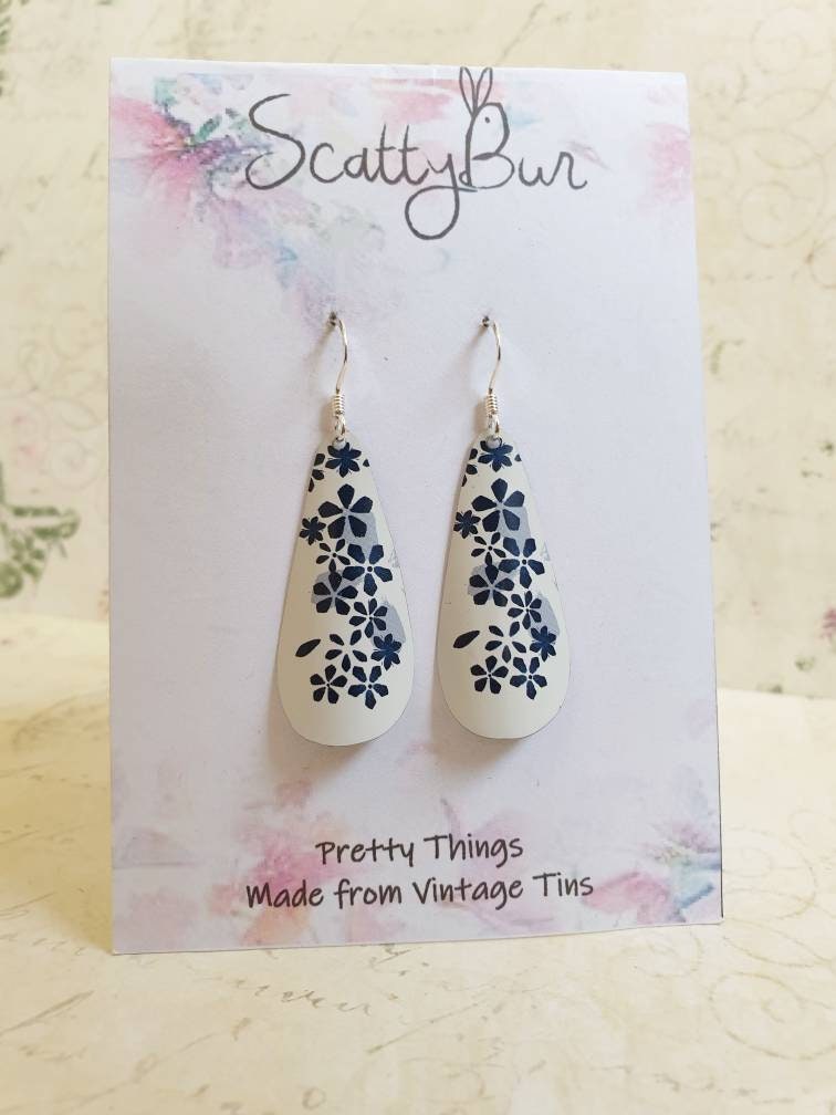 Upcycled Tin Blue Floral Teardrop Earrings: Sterling Silver Hooks