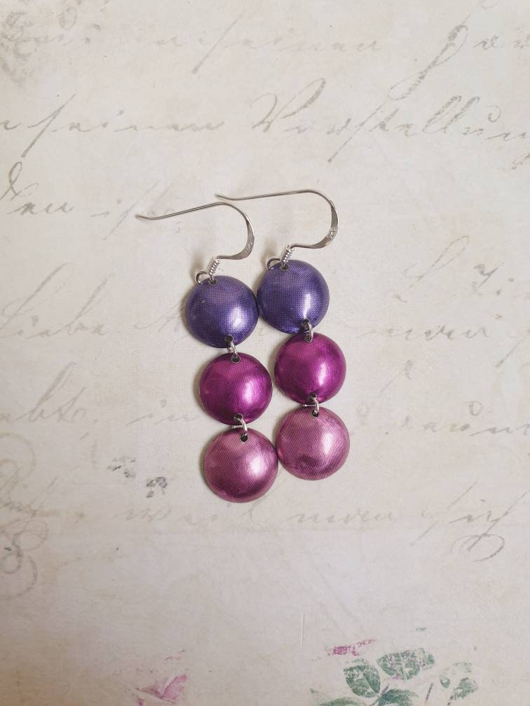 Recycled Tin Long Drop Earrings: Berry Shades, Sterling Silver Hooks