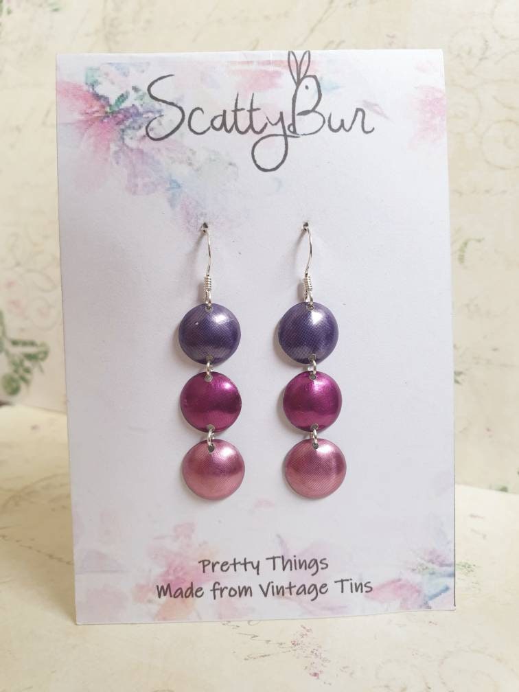 Recycled Tin Long Drop Earrings: Berry Shades, Sterling Silver Hooks