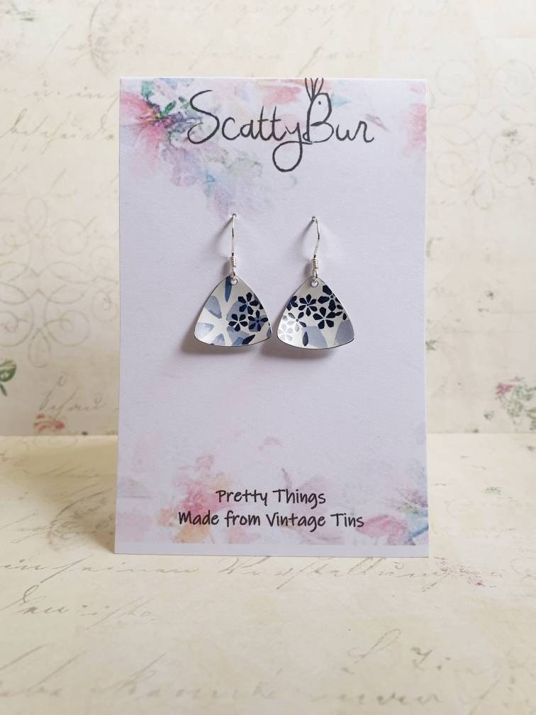 Ditsy Blue Floral Earrings (1pr): Upcycled Gift Tin, Sterling Silver Hooks
